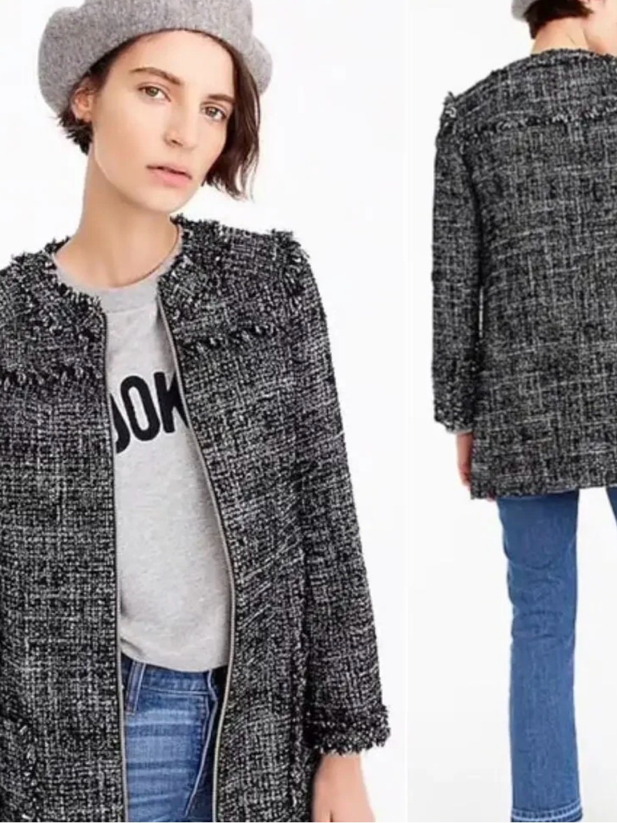J. Crew Black & White Tweed Fringe Open-Front Jacket